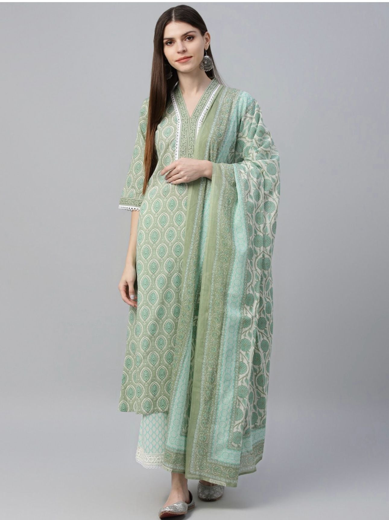 Women Green Printed Kurta with Palazzos Dupatta