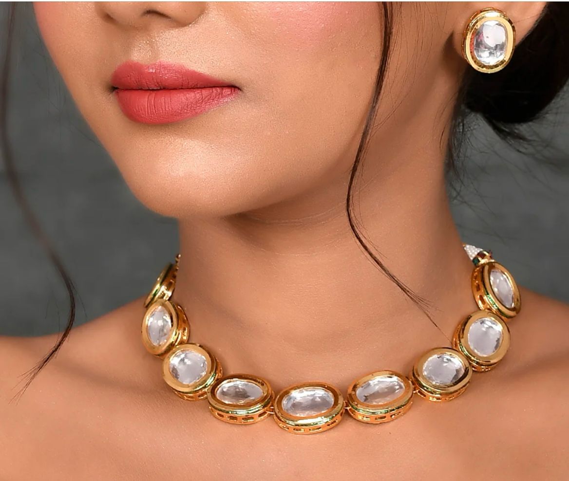 Gold-Plated White Kundan-Studded Jewellery Set