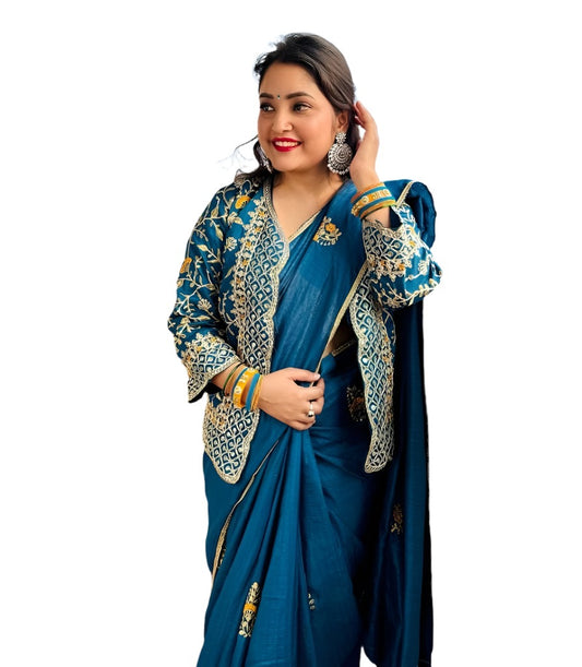 New Super Trending Embroidery cording work ready to wear saree with full koti embroidery and fabric detail - Neha Couture Indian Fashion