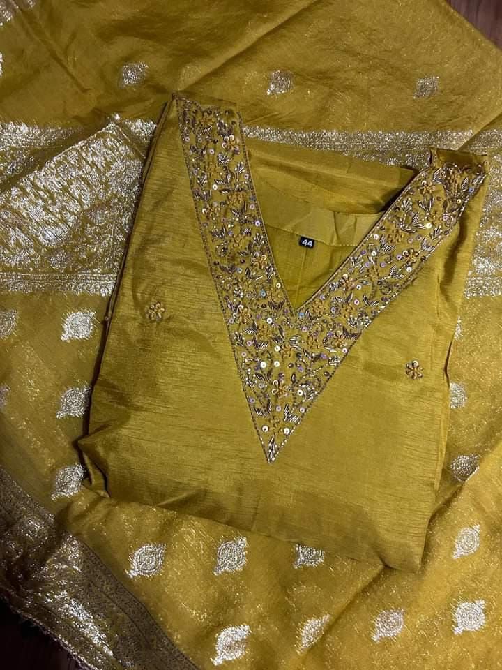 Mustard yellow Dola silk Handwork kurti dupatta bottom set