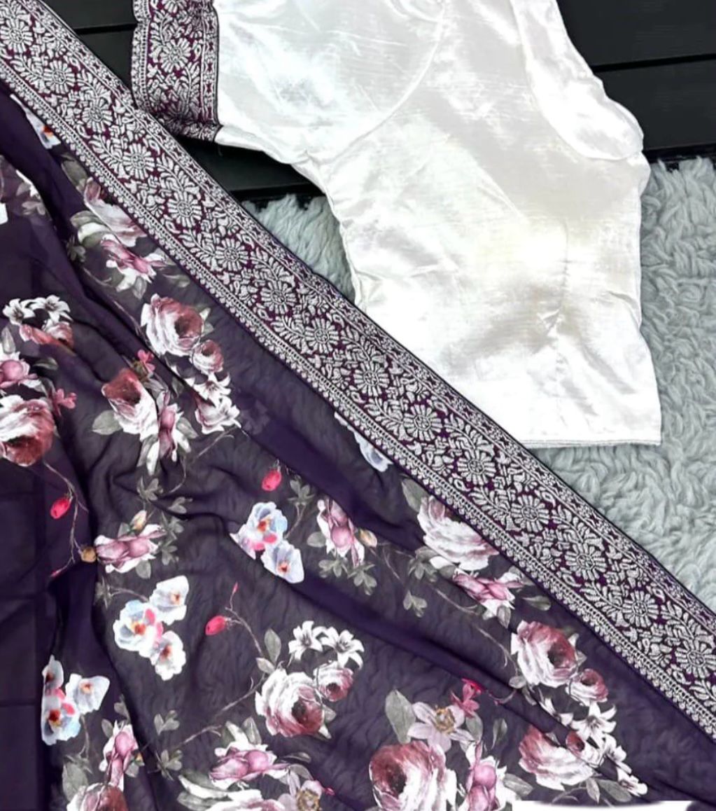 Georgette Saree With Banarasi Border And Stitched Blouse