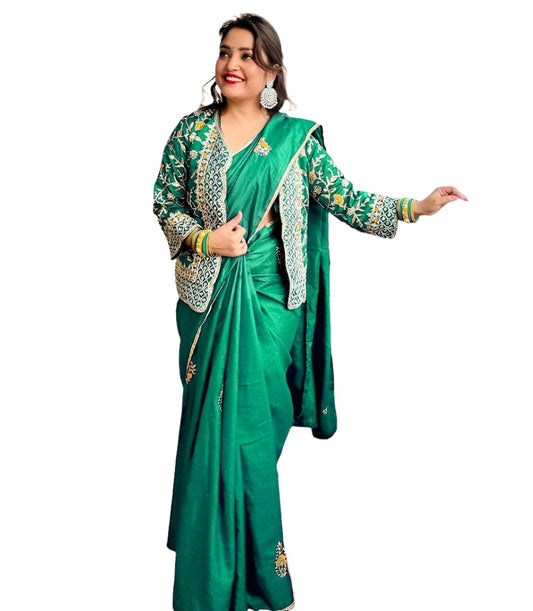 New Super Trending Embroidery cording work ready to wear saree with full koti embroidery and fabric detail - Neha Couture Indian Fashion