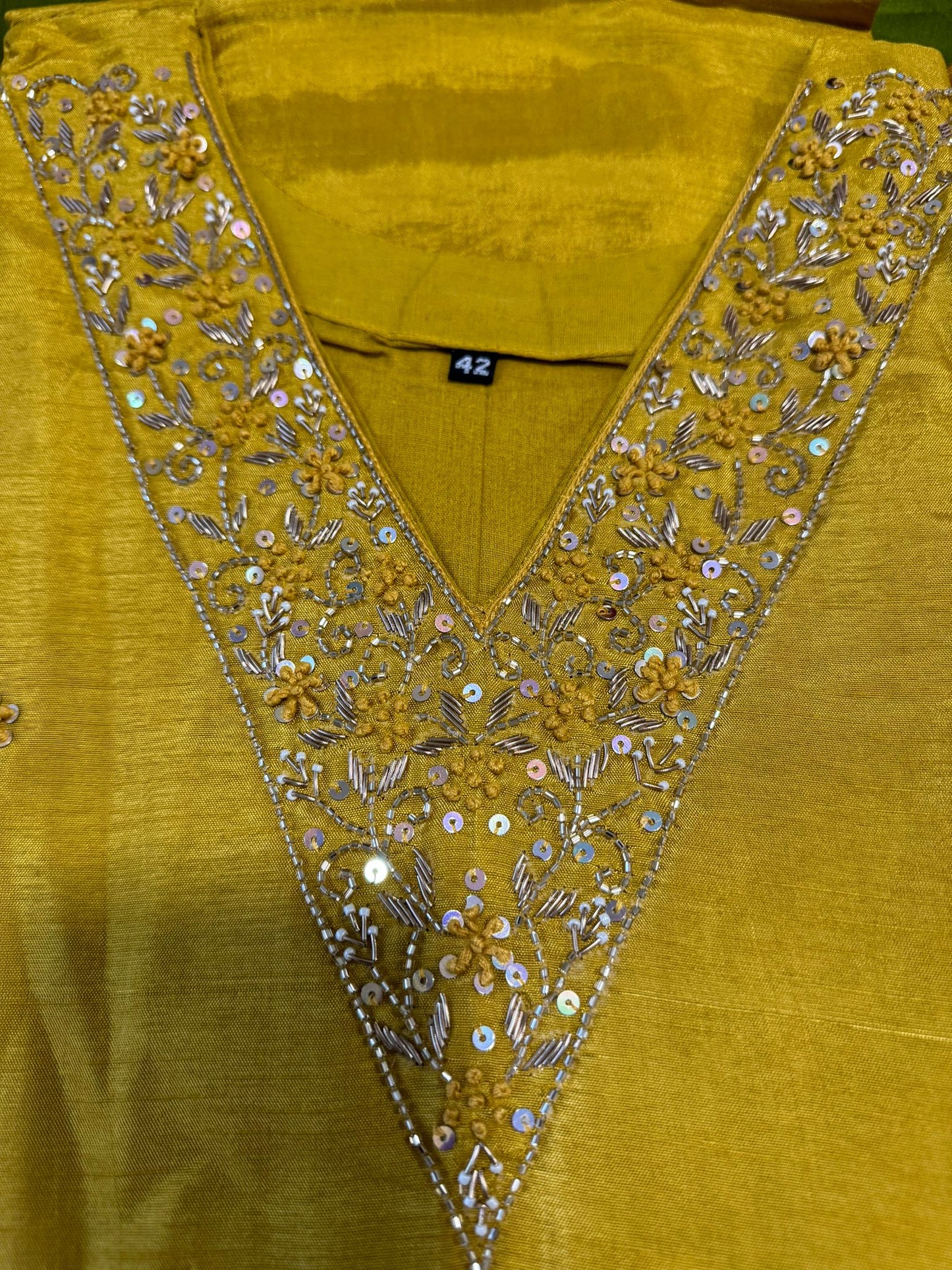 Mustard yellow Dola silk Handwork kurti dupatta bottom set