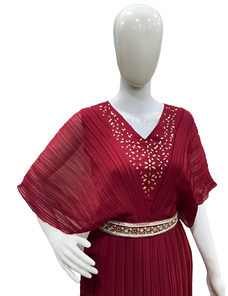 GOWN DESIGNER ONE PIECE WITH BELT DESIGNER CRUSH FABRIC HANDWORK ON NECK GOWN COLLECTION DESIGNER PARTYWEAR GOWN COLLECTION