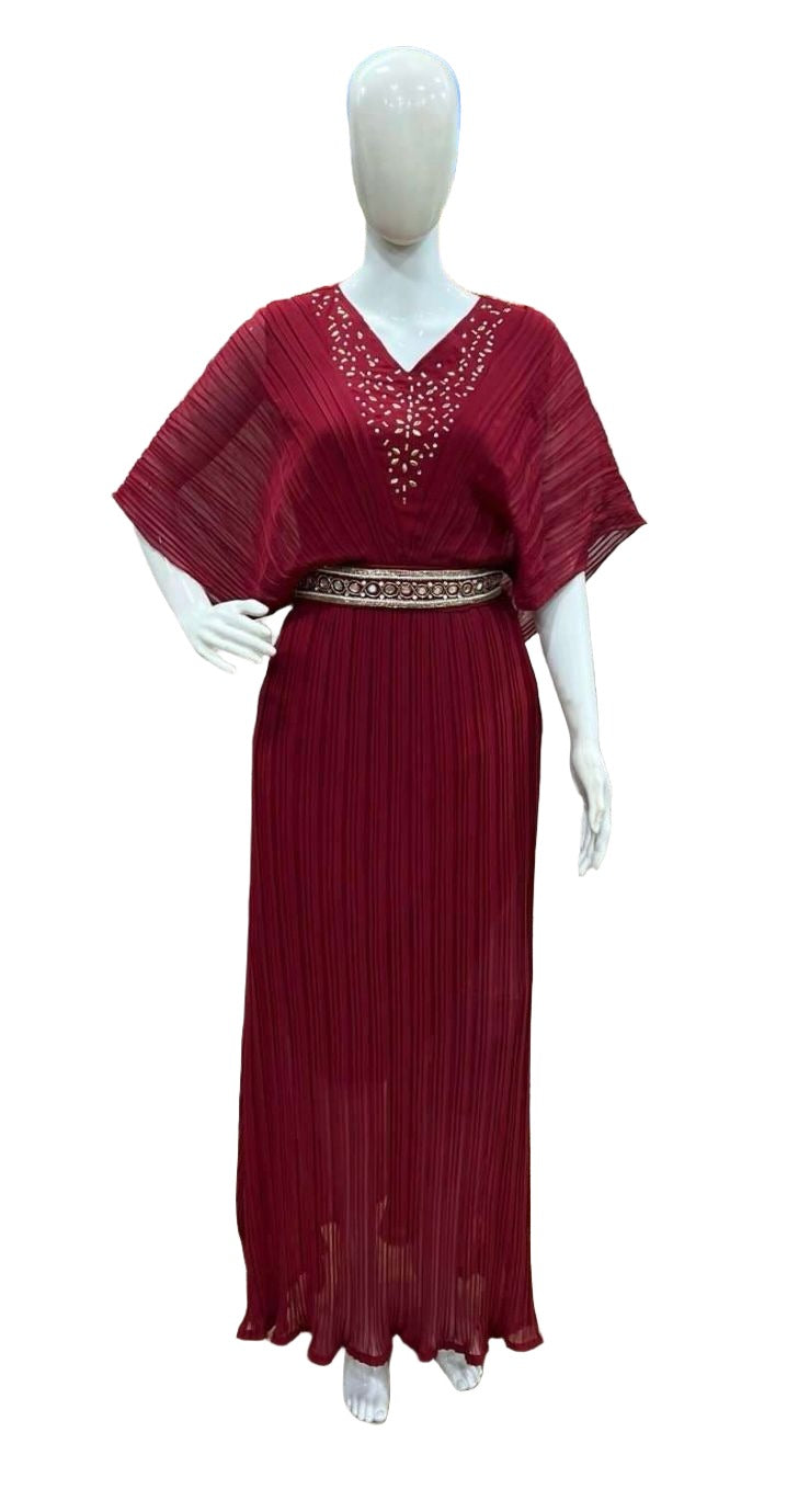 GOWN DESIGNER ONE PIECE WITH BELT DESIGNER CRUSH FABRIC HANDWORK ON NECK GOWN COLLECTION DESIGNER PARTYWEAR GOWN COLLECTION
