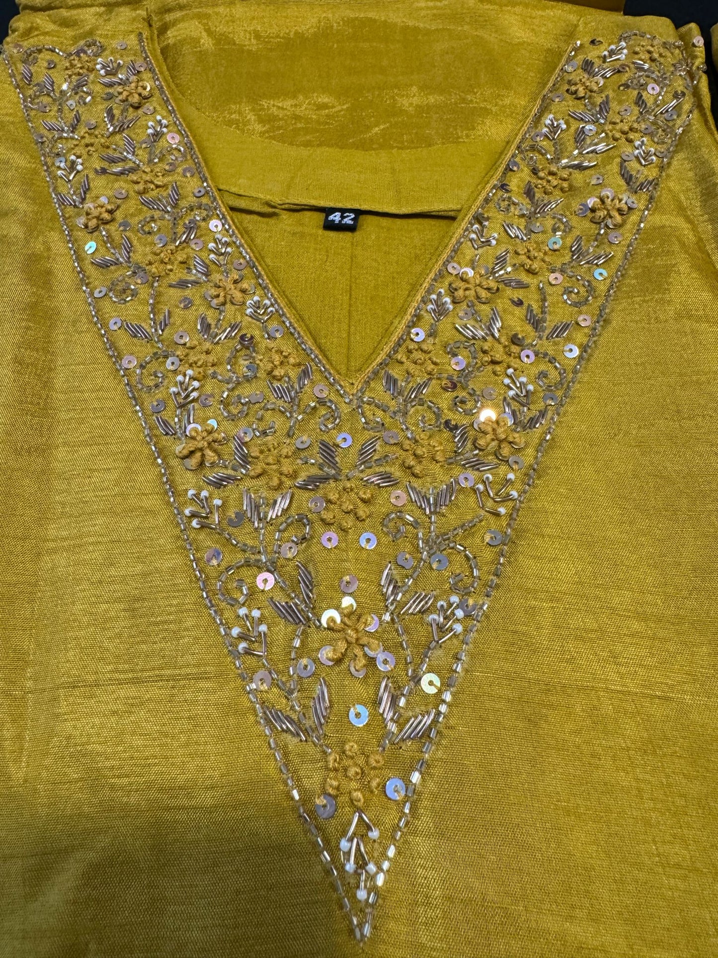 Mustard yellow Dola silk Handwork kurti dupatta bottom set