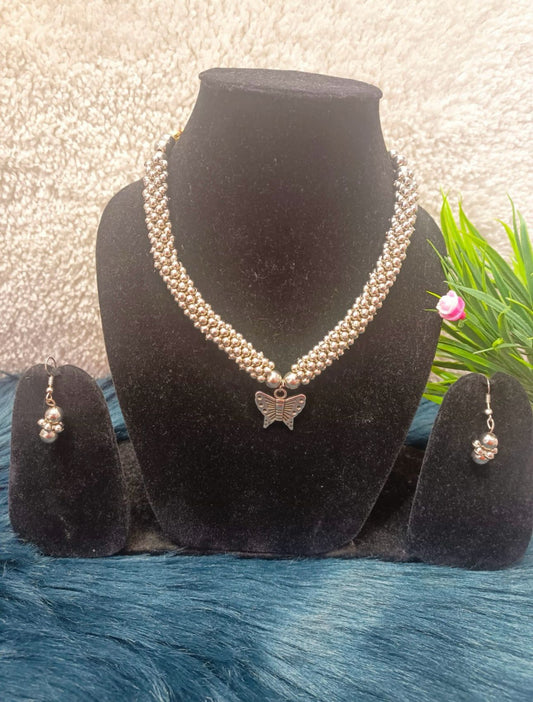 Silver-Plated Stone-Beaded Oxidized Necklace & Earrings Set