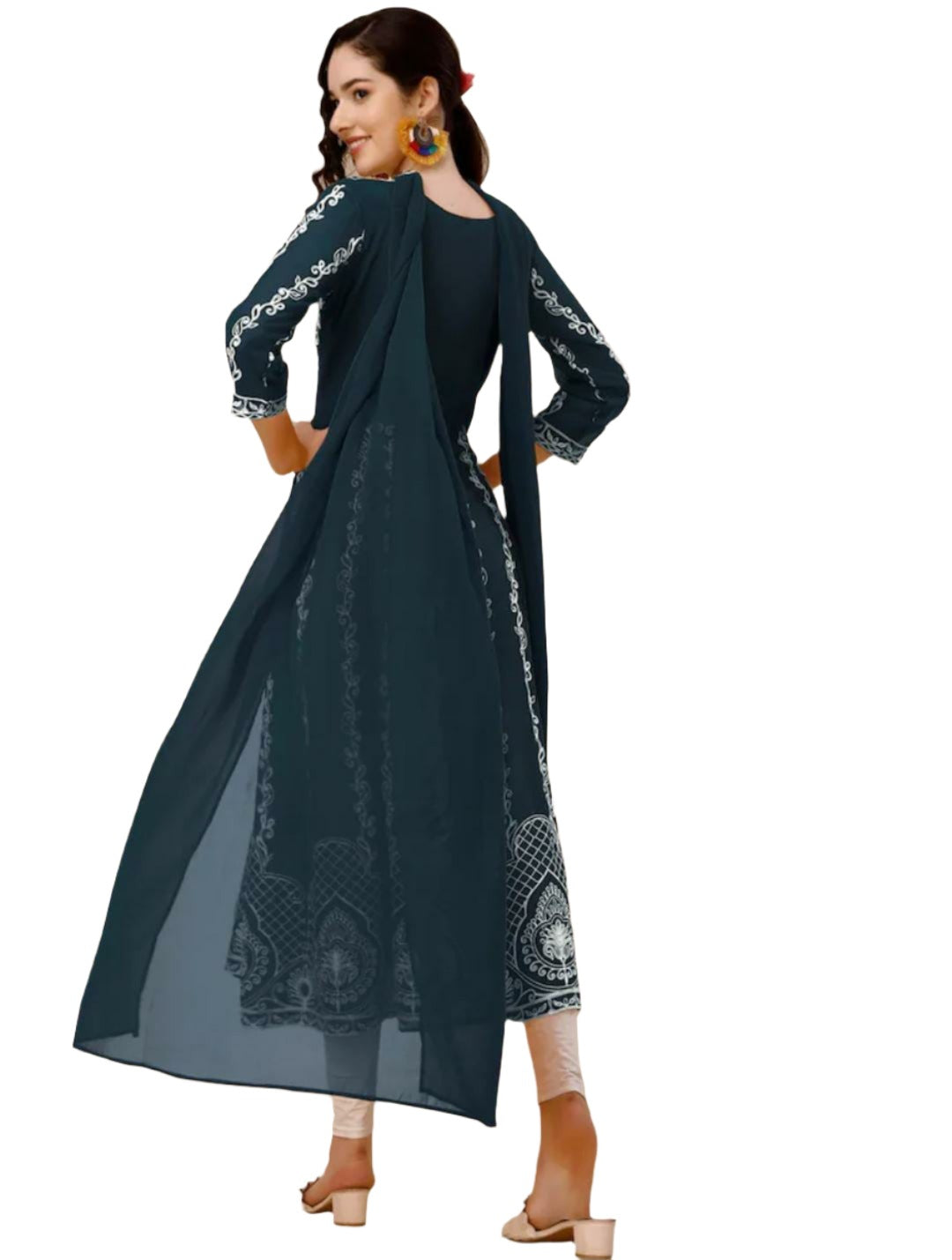 Teal & White Ethnic Motifs Embroidered Chikankari Kurta & Dupatta