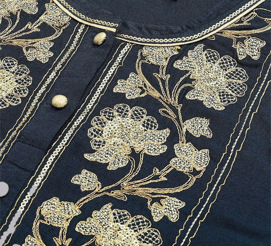 Women Blue & Gold-Toned Yoke Design Thread Work Kurta embroidery and fabric detail - Neha Couture Indian Fashion