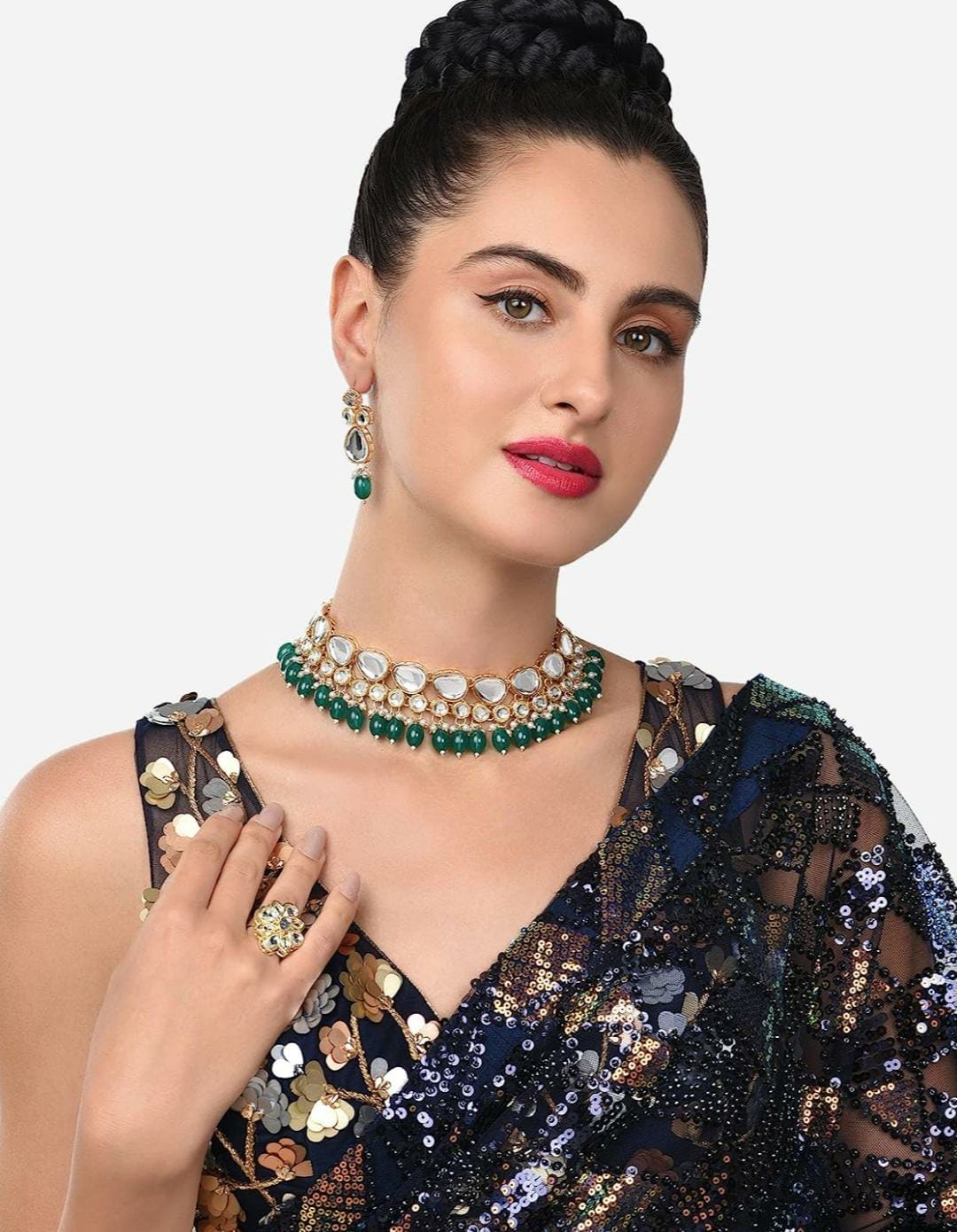 Green Beads Kundan Choker Necklace Earring & Ring Set For Women