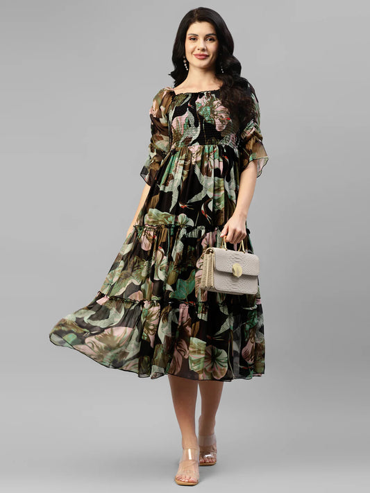 Black Multi Colour Printed Chiffon Smocked Tiered Dress in Germany