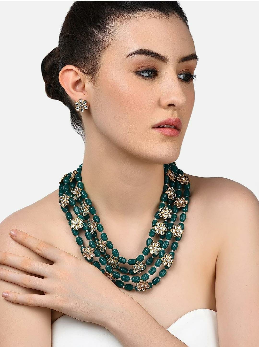 Green Beads & Floral Kundan Necklace Set For Women