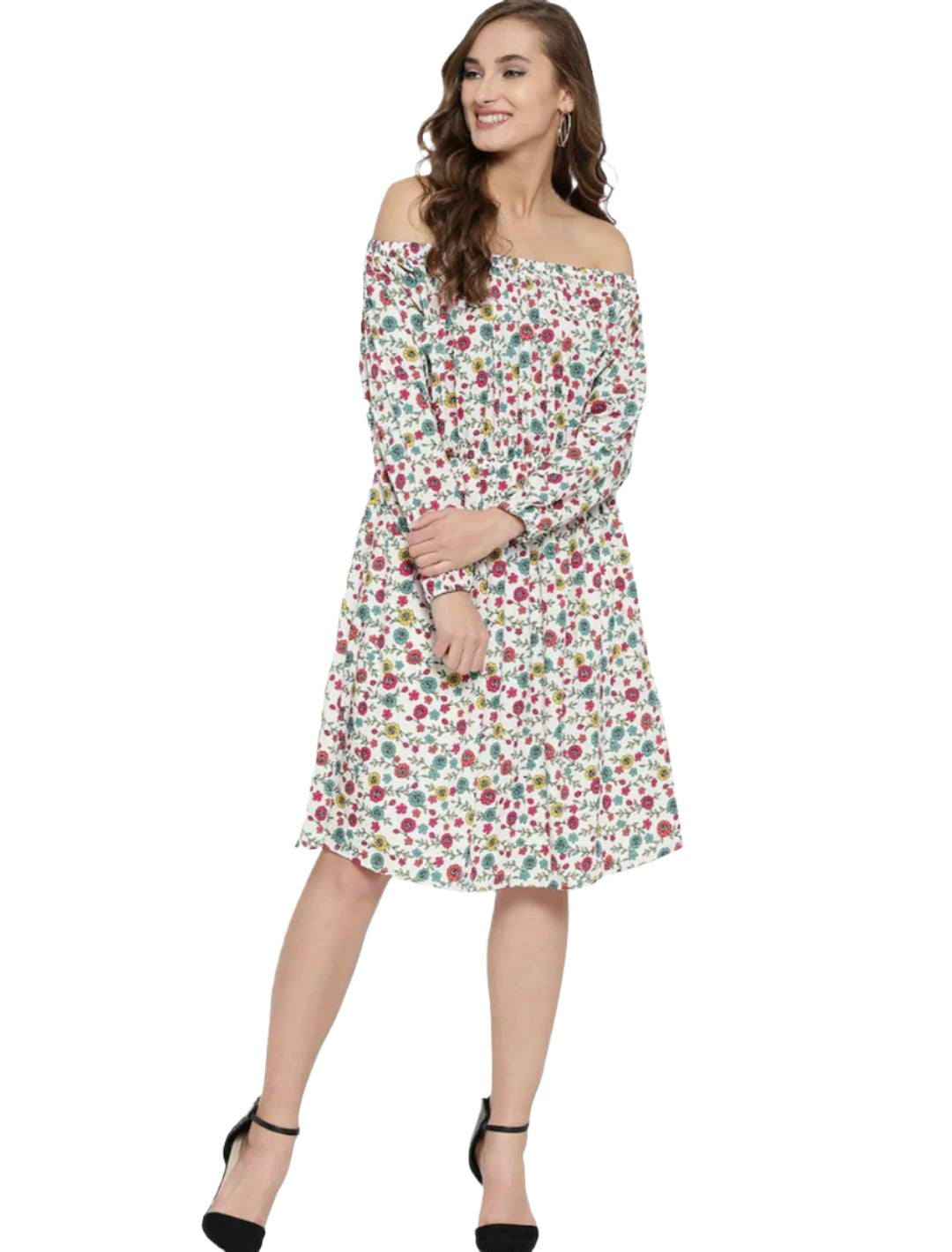 Women Off-White & Pink Floral Printed Blouson Dress