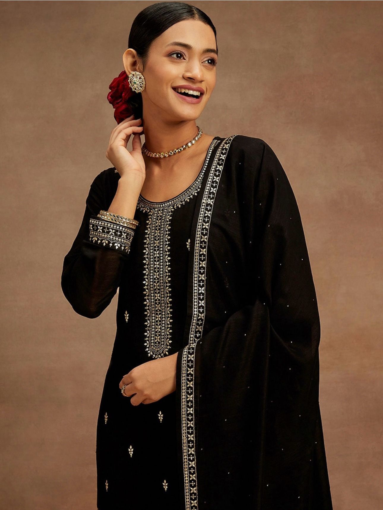 Kurta With Palazzos & Dupatta with Floral Embroidery having Regular Sequinns