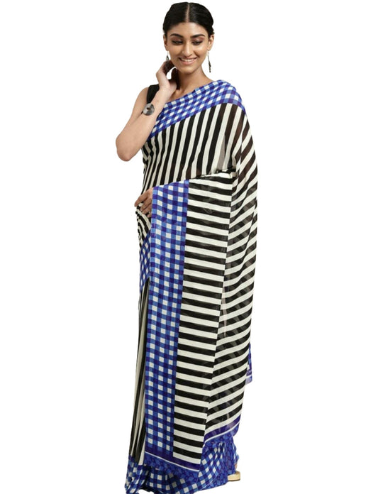 Blue & Black Striped Poly Georgette Casual Saree