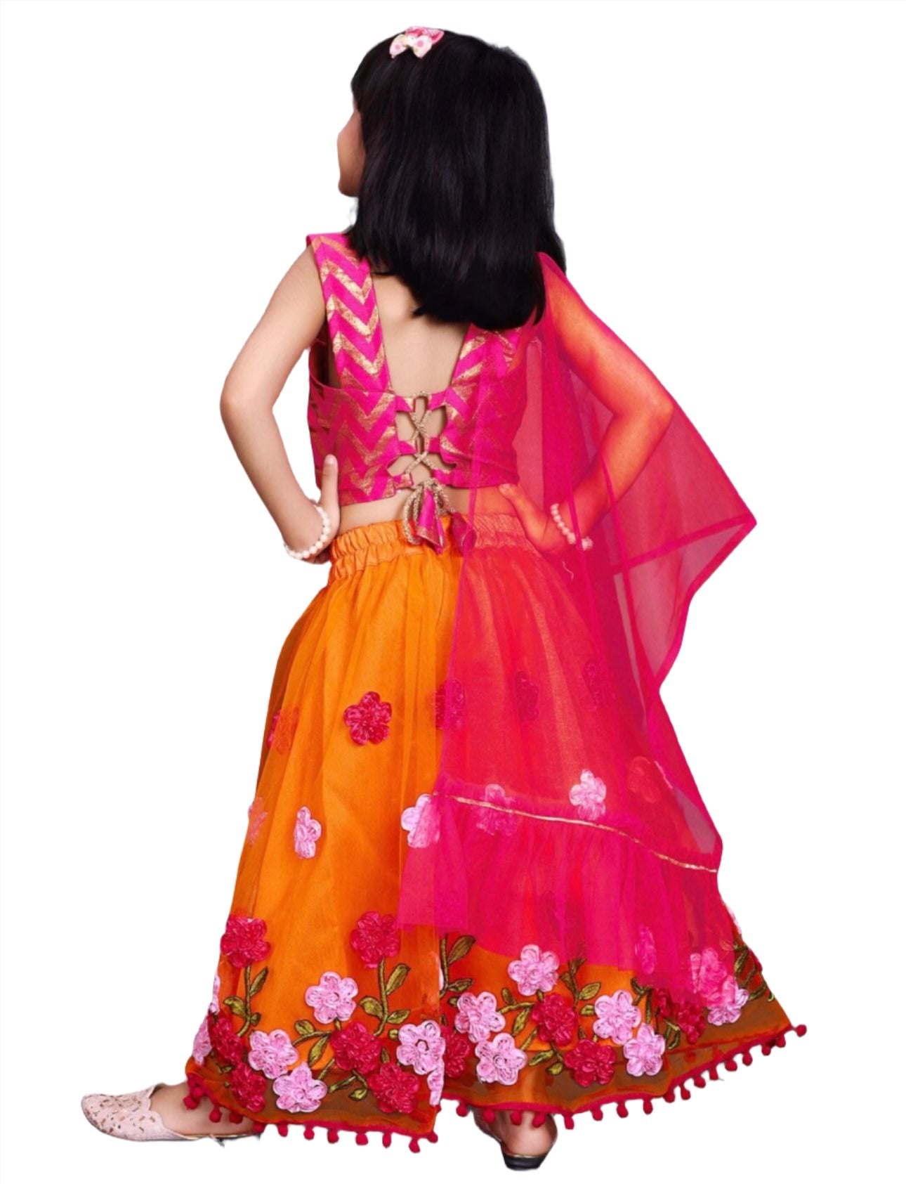 Lehenga & Blouse With Dupatta for Girls with Chevron Printed Thread Work Ready to Wear