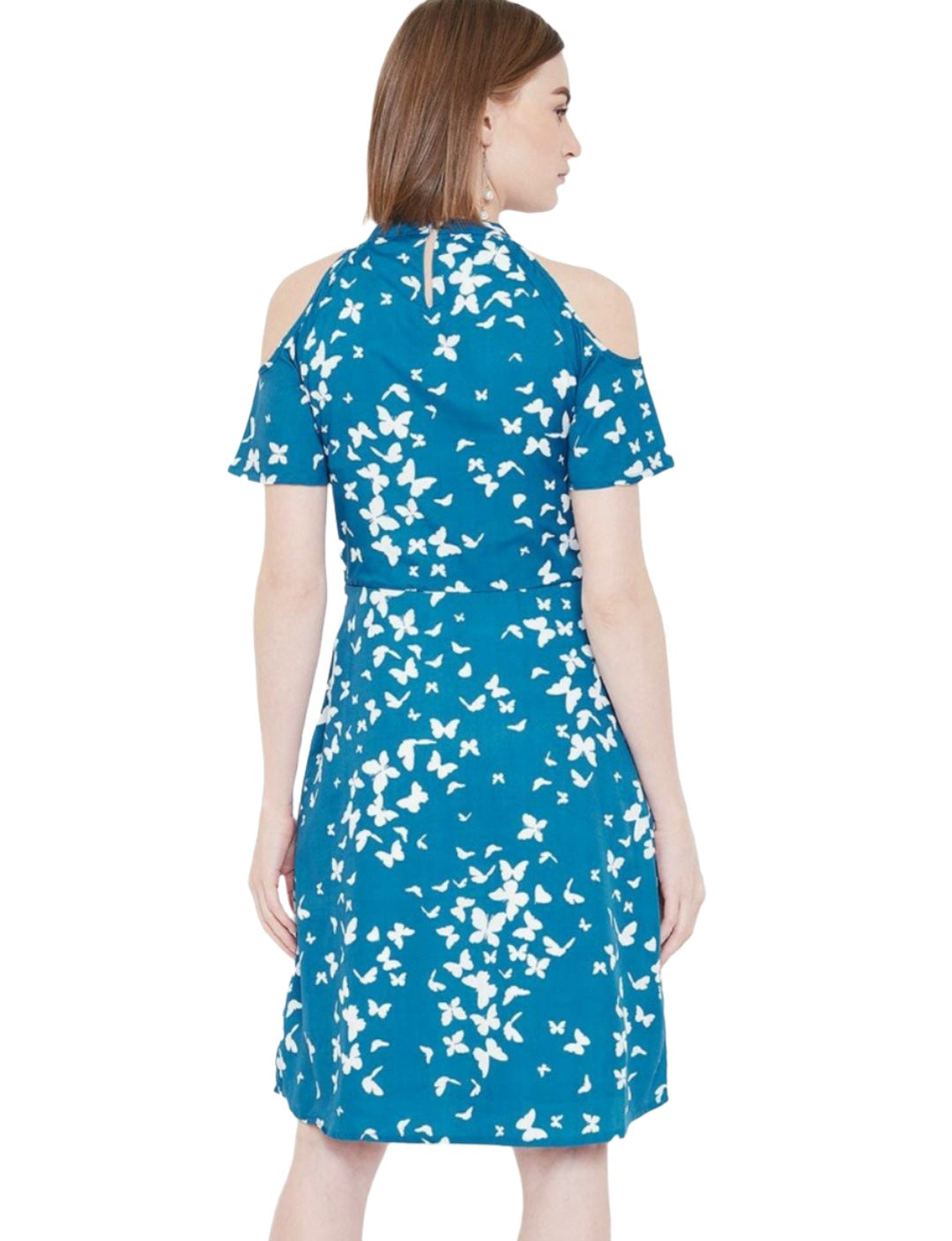 Women Blue & White Butterfly Printed Cold-Shoulder A-Line Dress