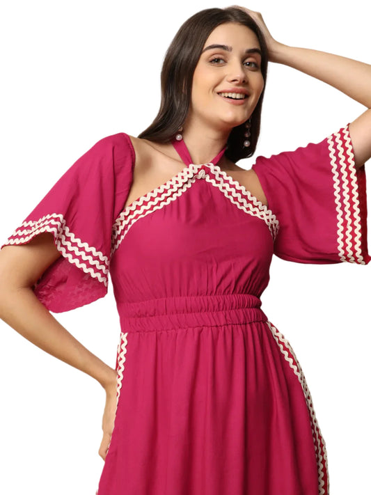 Magenta A Line Slit Dress For Women embroidery and fabric detail - Neha Couture Indian Fashion