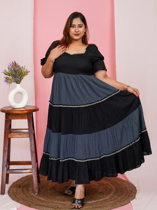 Women's Plus Size Half Sleevs Square Neck Solid Midi Dress embroidery and fabric detail - Neha Couture Indian Fashion