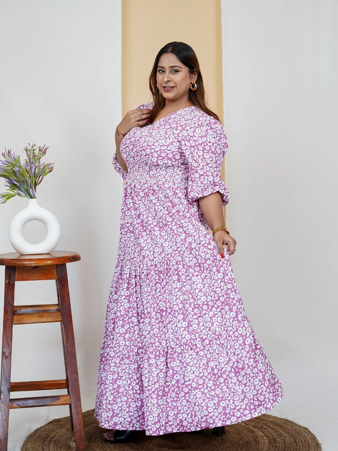 Women's V-Neck Floral Printed Plus Size Western Dress in Munich