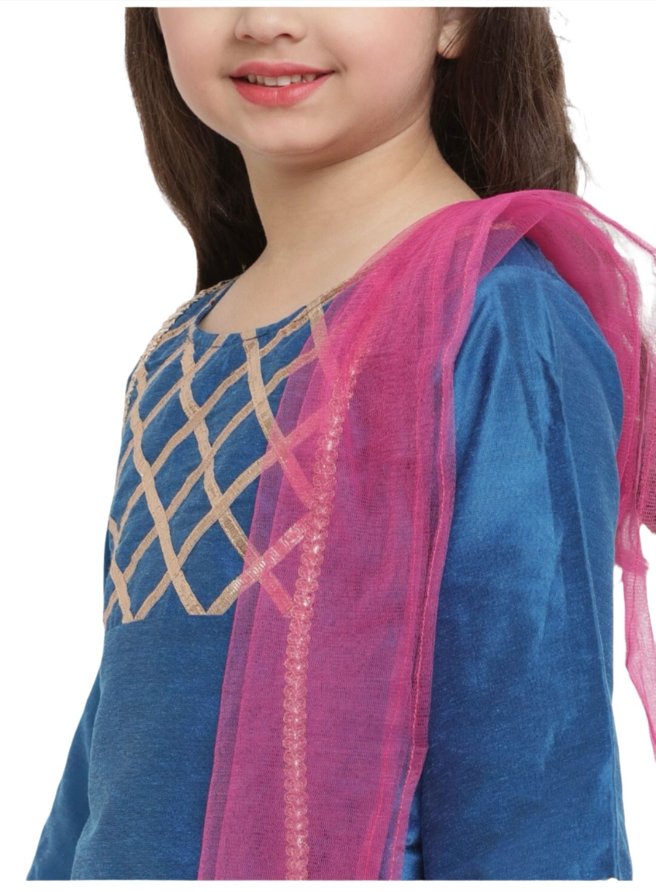 Silk Kurta with Palazzos & Dupatta for Girls Blue Angrakha Gotta Patti Dupion