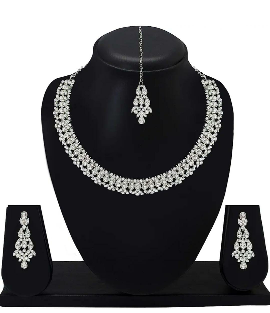 Silver Plated AD Crystal Austrian Diamond Necklace Jewellery Set with Earrings & Maang Tikka