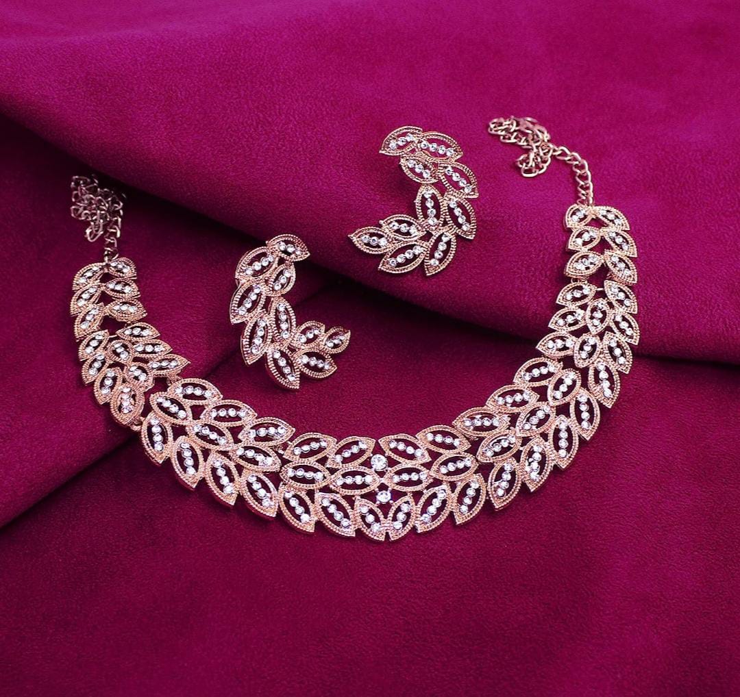 Austrian Diamond Rose Gold Plated Choker Necklace With Earring