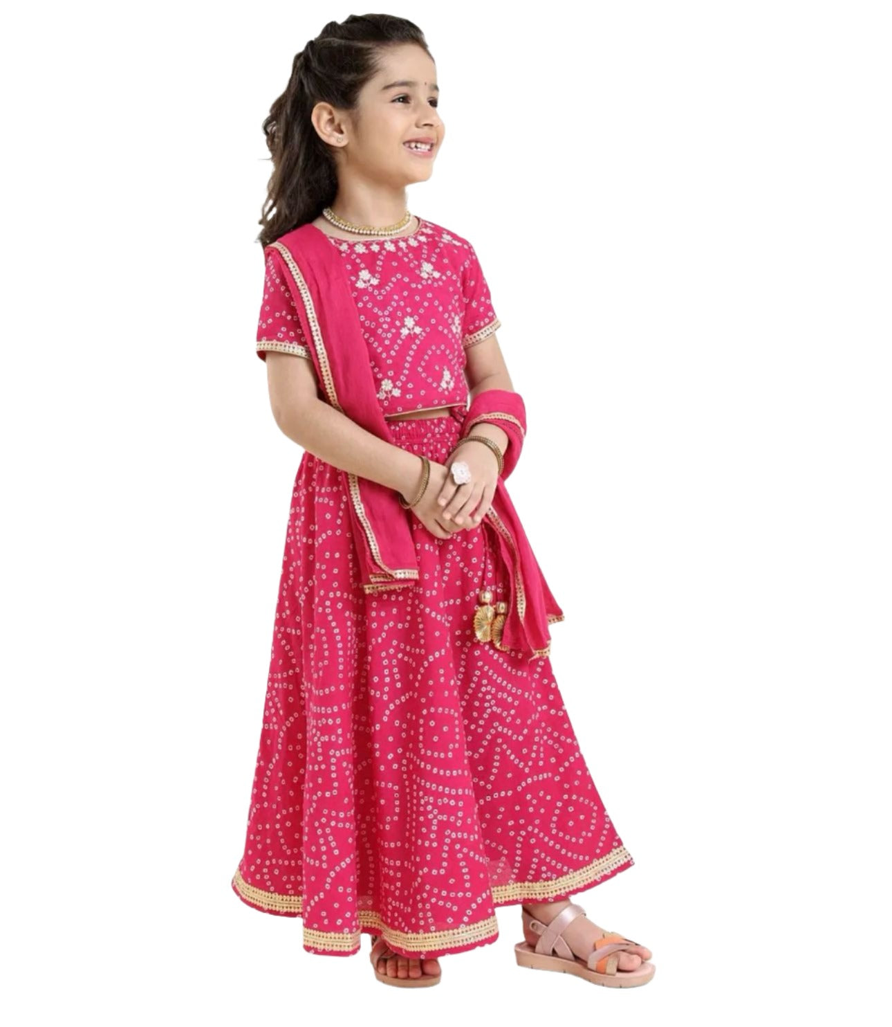 Short Sleeves Choli Lehenga Jari Border Dupatta Bandhani Print
