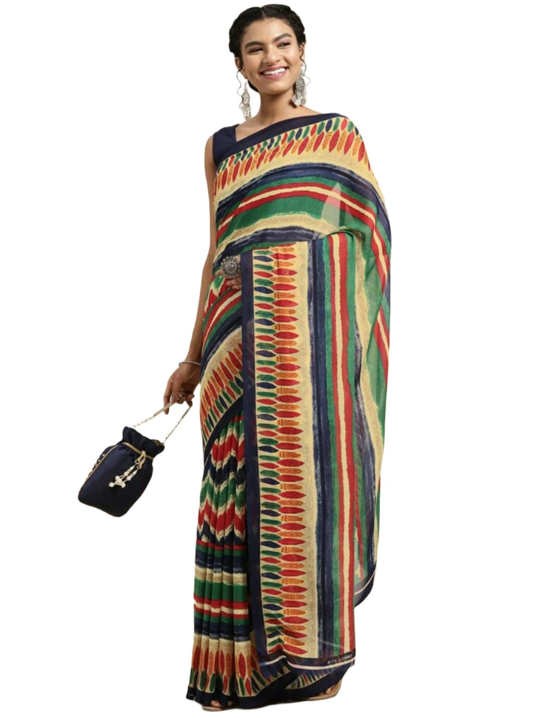 Navy Blue & Beige Ethnic Motifs Saree