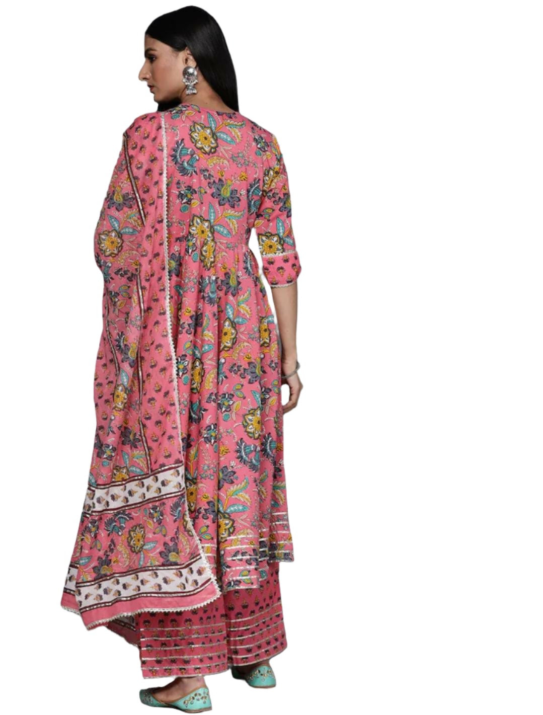 Rosa floral bedruckte getäfelte Kurta aus reiner Baumwolle mit Palazzos und Dupatta