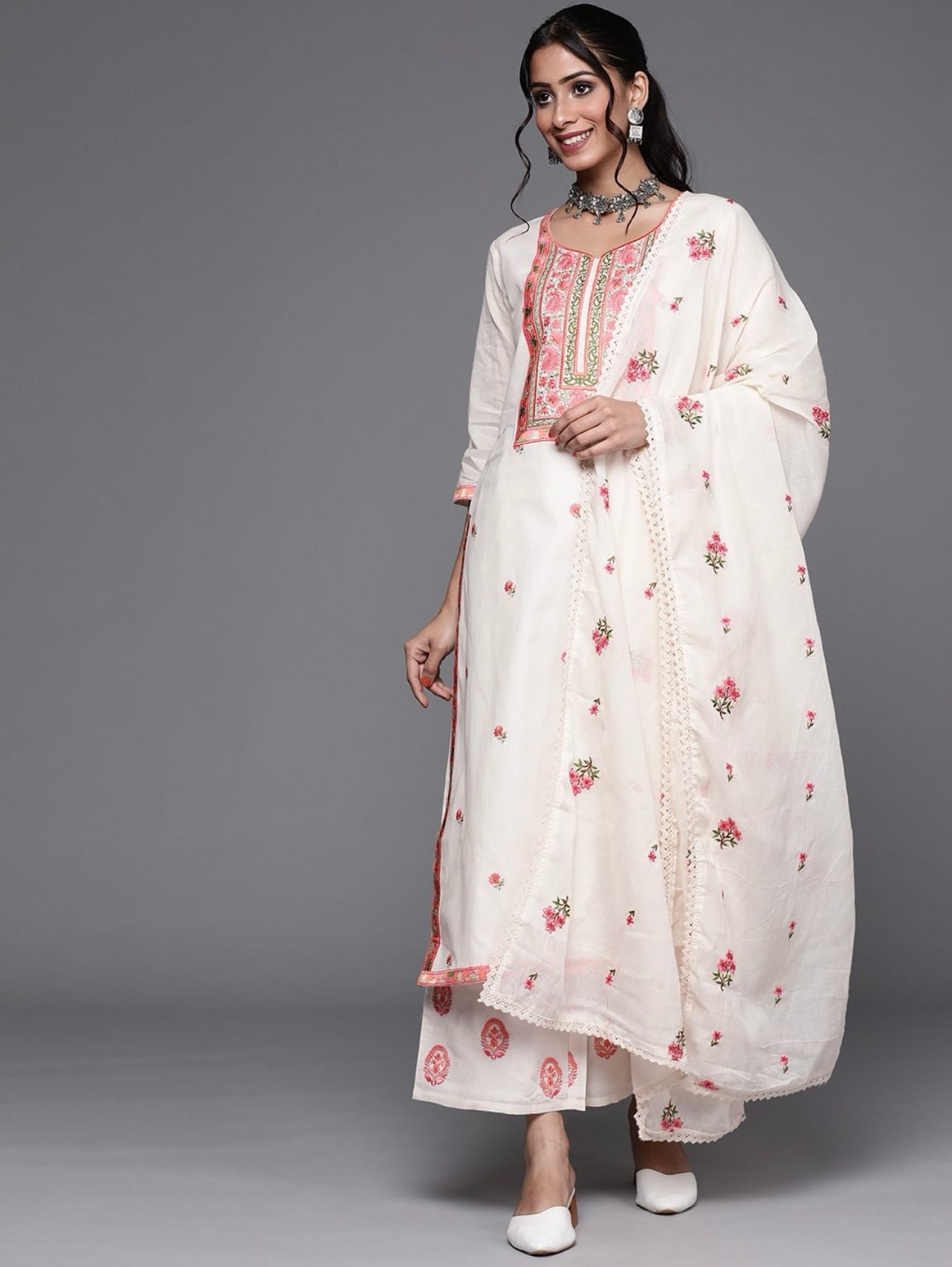 Off White & Pink Cotton Floral Thread Work Kurta with Palazzos & Dupatta