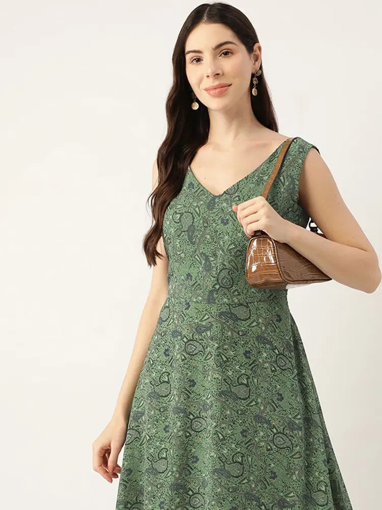 Green Floral Printed V- Neck Maxi Dress in Berlin