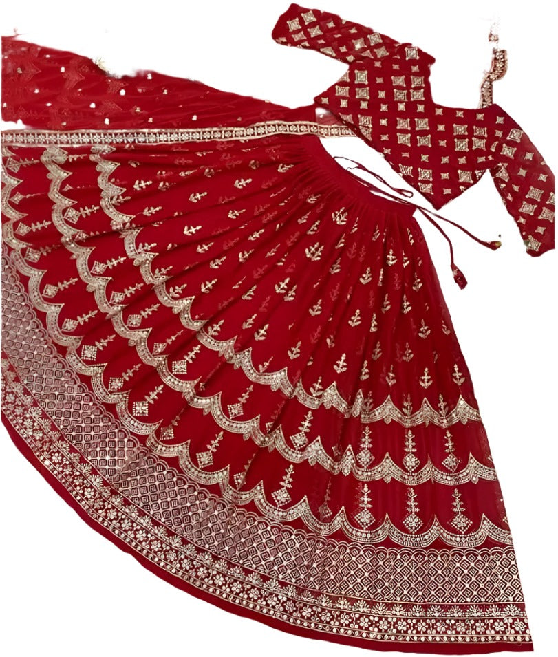 Fully Embroidered Red Lehenga Choli & Dupatta Set