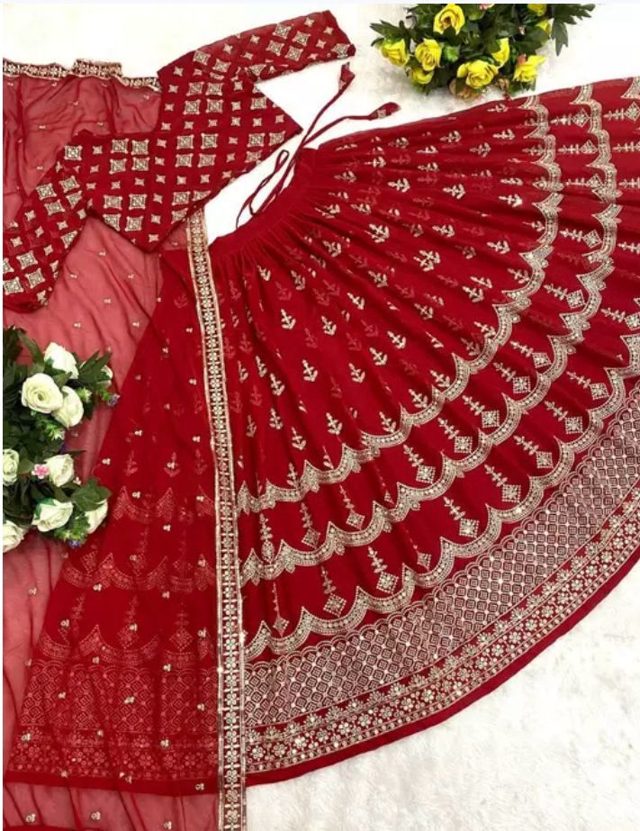Fully Embroidered Red Lehenga Choli & Dupatta Set