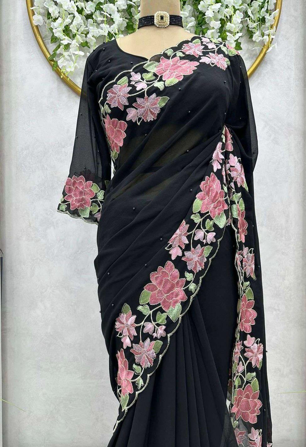 Ready To Wear Saree(Designer Faux Georgette Thread N Pearl Work Saree)