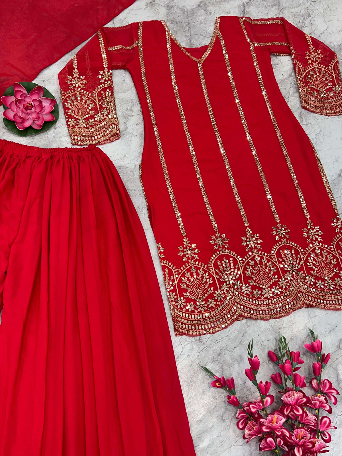 PARTY WEAR TOP AND SARARA. WITH FANCY DUPATTA WITH HEAVY EMBROIDERY WORK*