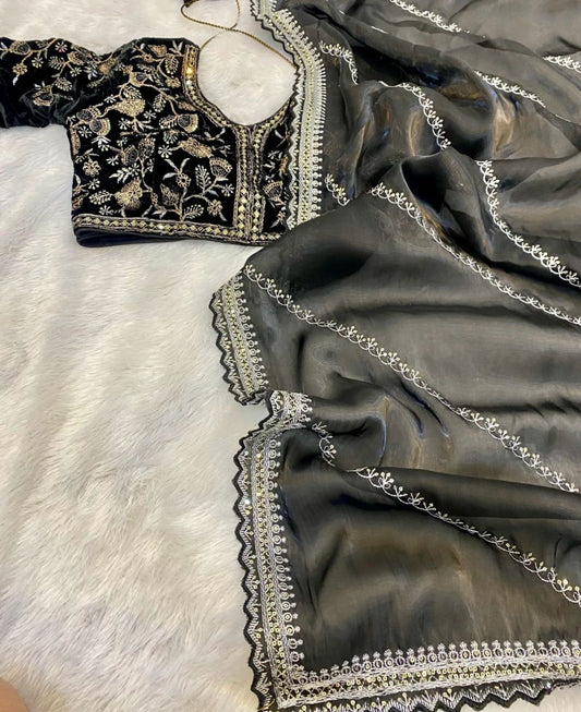 Jimmy Choo Organza Saree with Embroidered Stitched  blouse(Black)