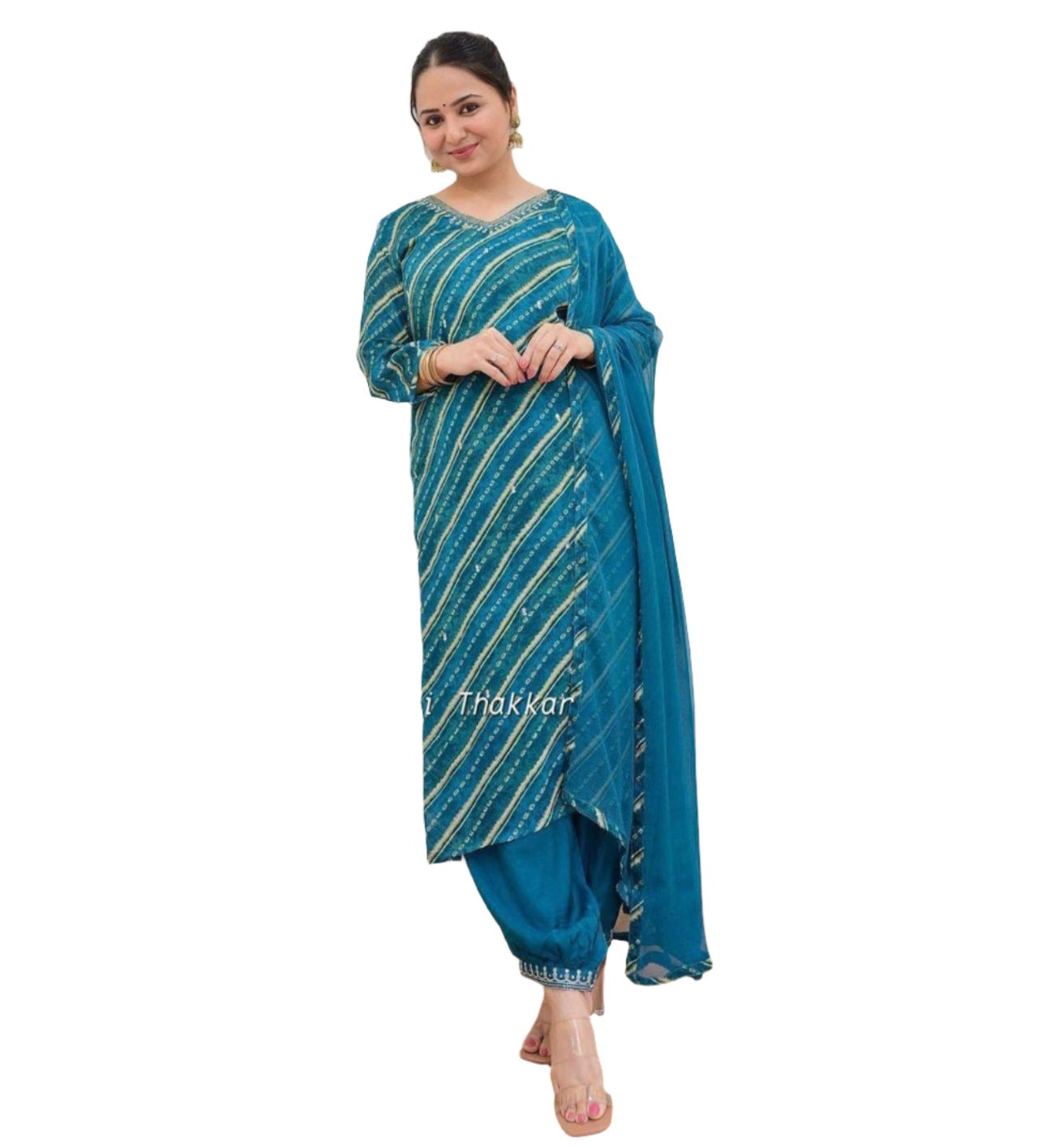 Blue Lehariya Print A-Line Suit Set In Germany