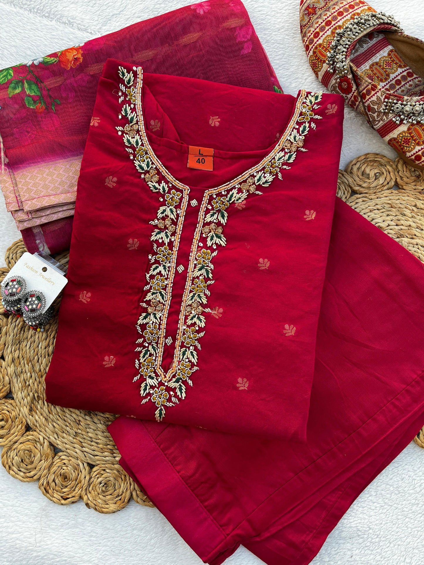 Handwork Banarasi Jacquard Silk Kurta Dupatta Bottom Set