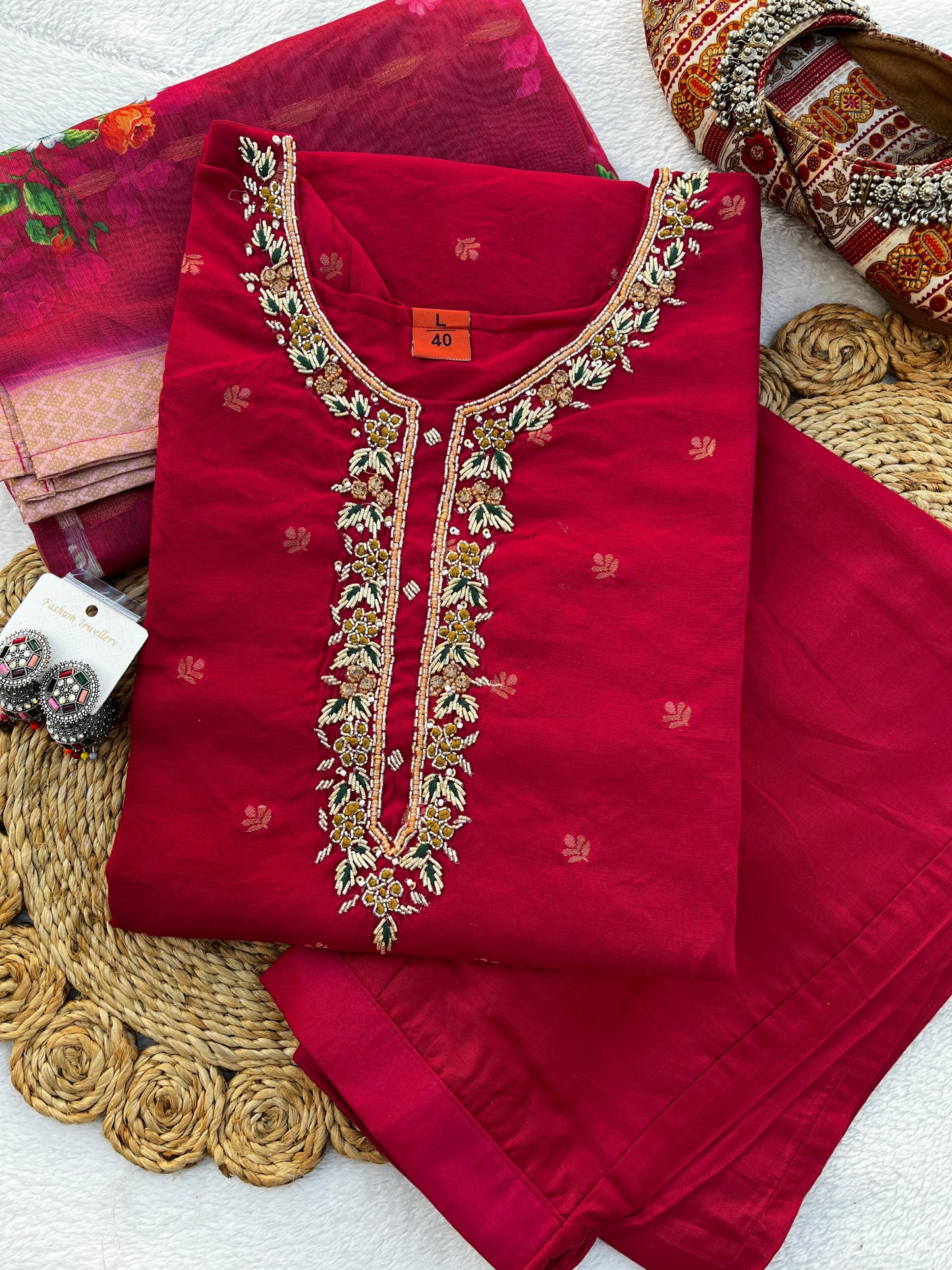 Handwork Banarasi Jacquard Silk Kurta Dupatta Bottom Set