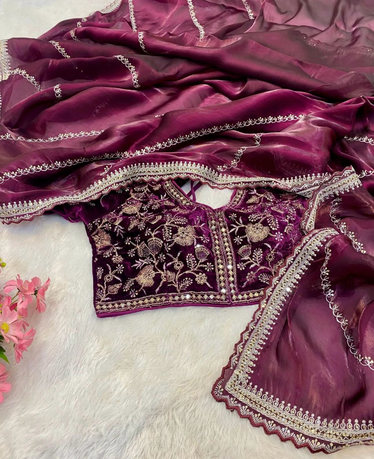 Jimmy Choo Organza Saree with Embroidered Stitched blouse(Purple)