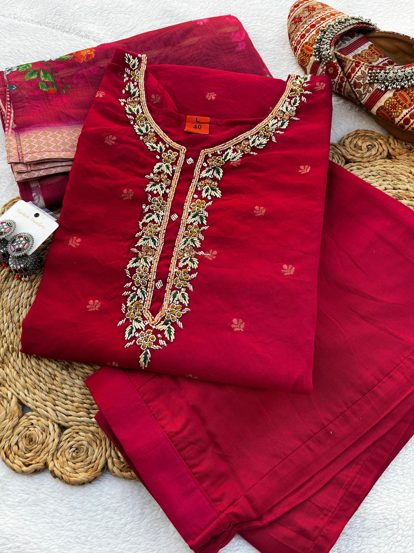 Handwork Banarasi Jacquard Silk Kurta Dupatta Bottom Set