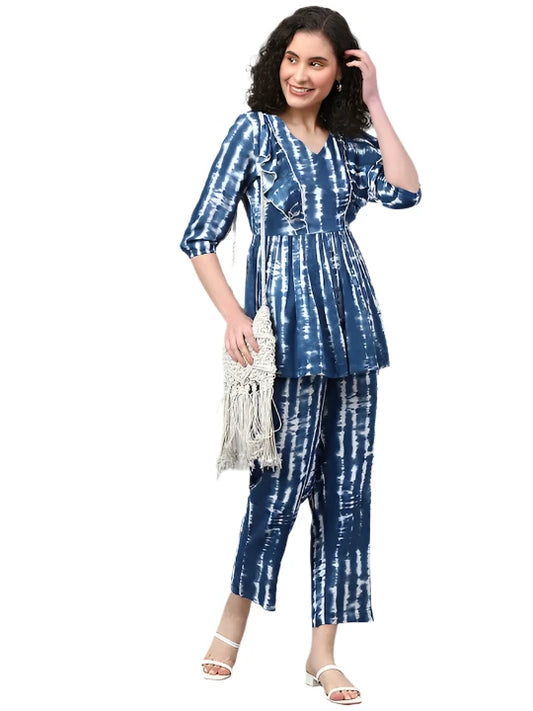 Tie-Dye Front Frill Top With Pants embroidery and fabric detail - Neha Couture Indian Fashion