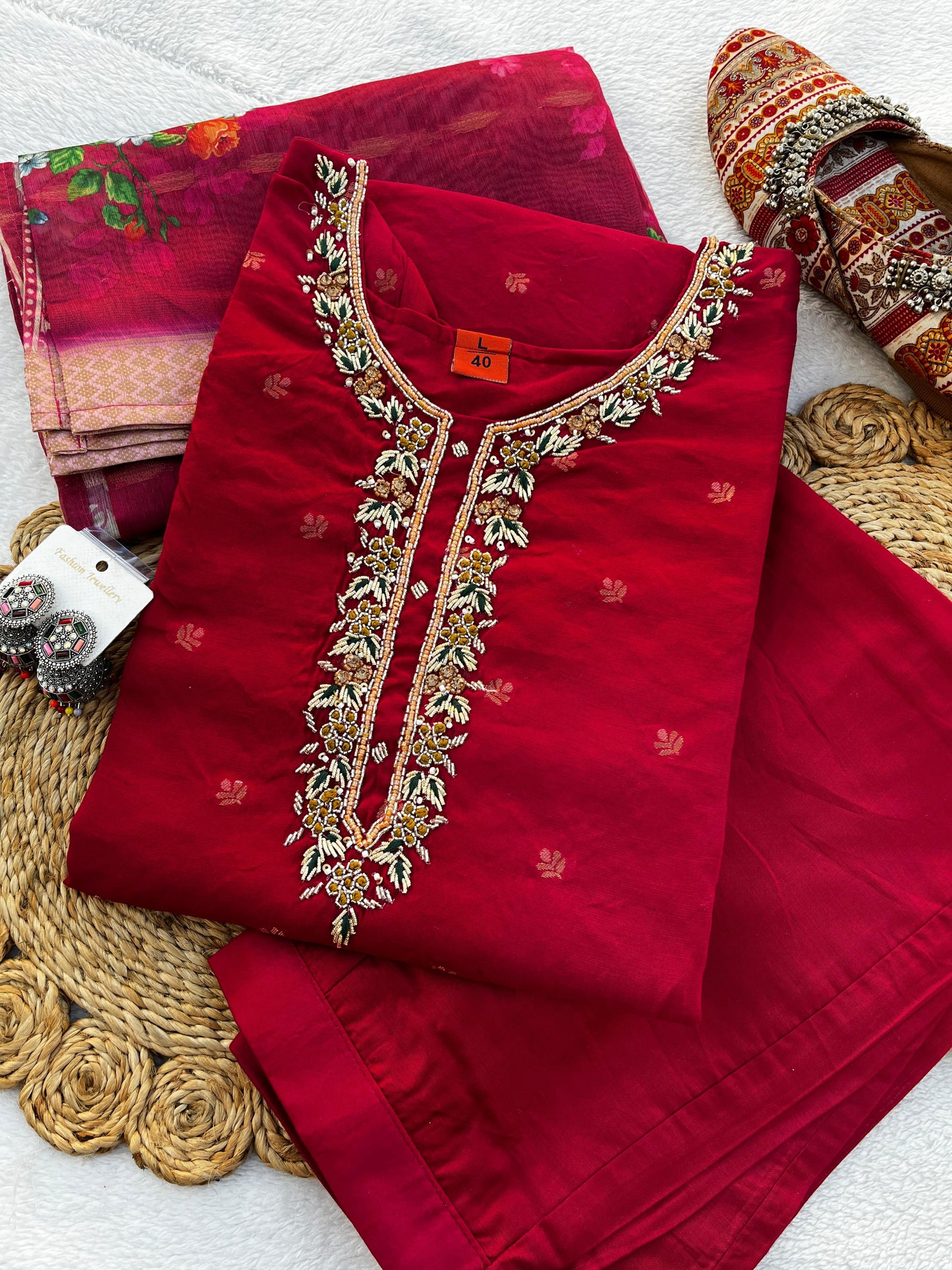 Handwork Banarasi Jacquard Silk Kurta Dupatta Bottom Set