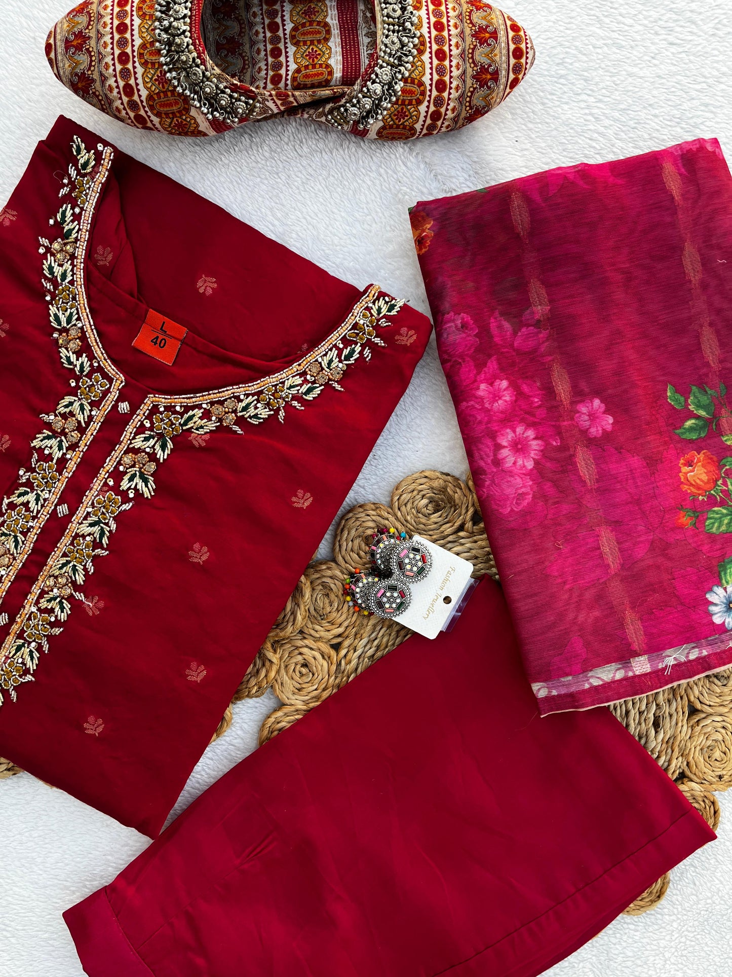 Handwork Banarasi Jacquard Silk Kurta Dupatta Bottom Set