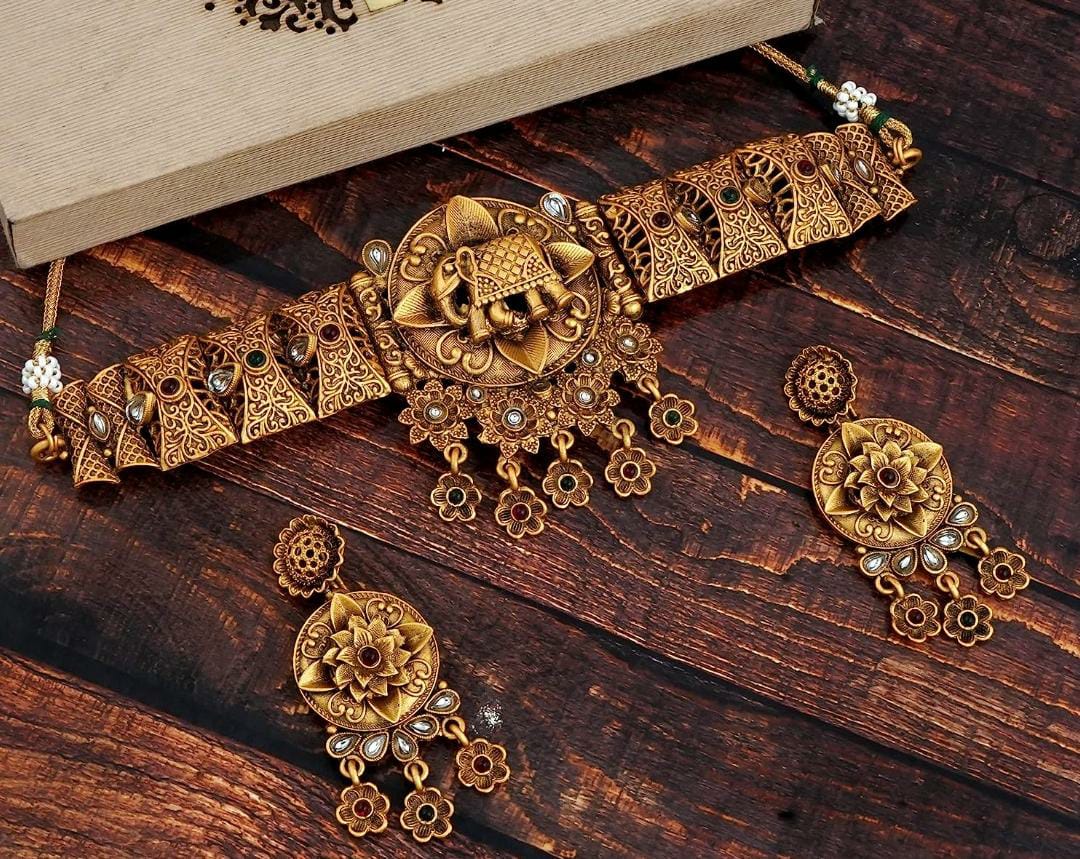 Antique Matt Gold Mutil South Indian Temple Theme jewellery