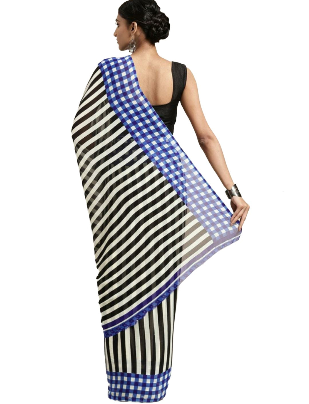 Blue & Black Striped Poly Georgette Casual Saree