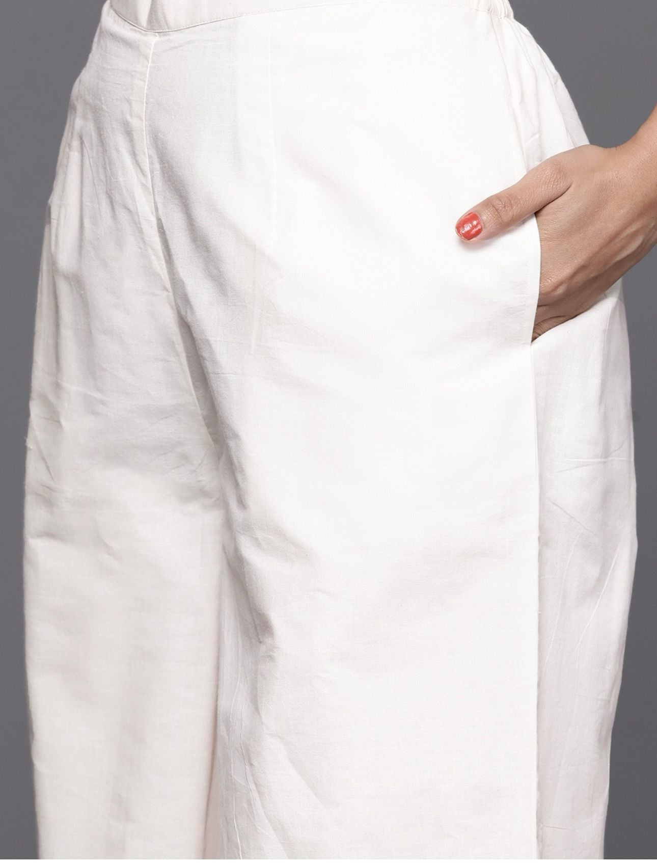 Off White & Pink Cotton Floral Thread Work Kurta with Palazzos & Dupatta