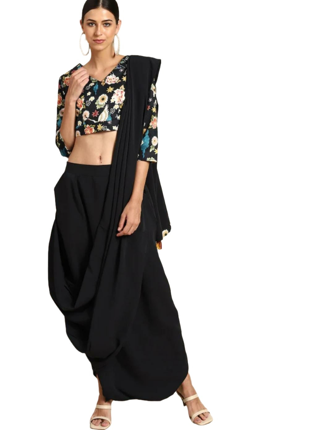 Schwarzes reguläres Oberteil mit Blumenmuster für Damen und Haremshose mit befestigter Dupatta