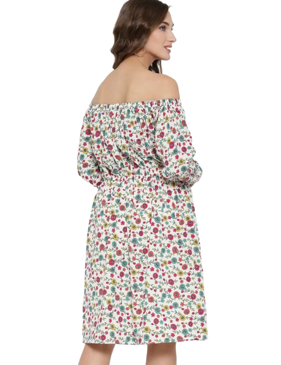 Women Off-White & Pink Floral Printed Blouson Dress